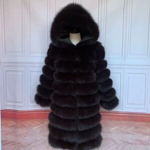 Luxurious Black Fur Coat with Hood real fur